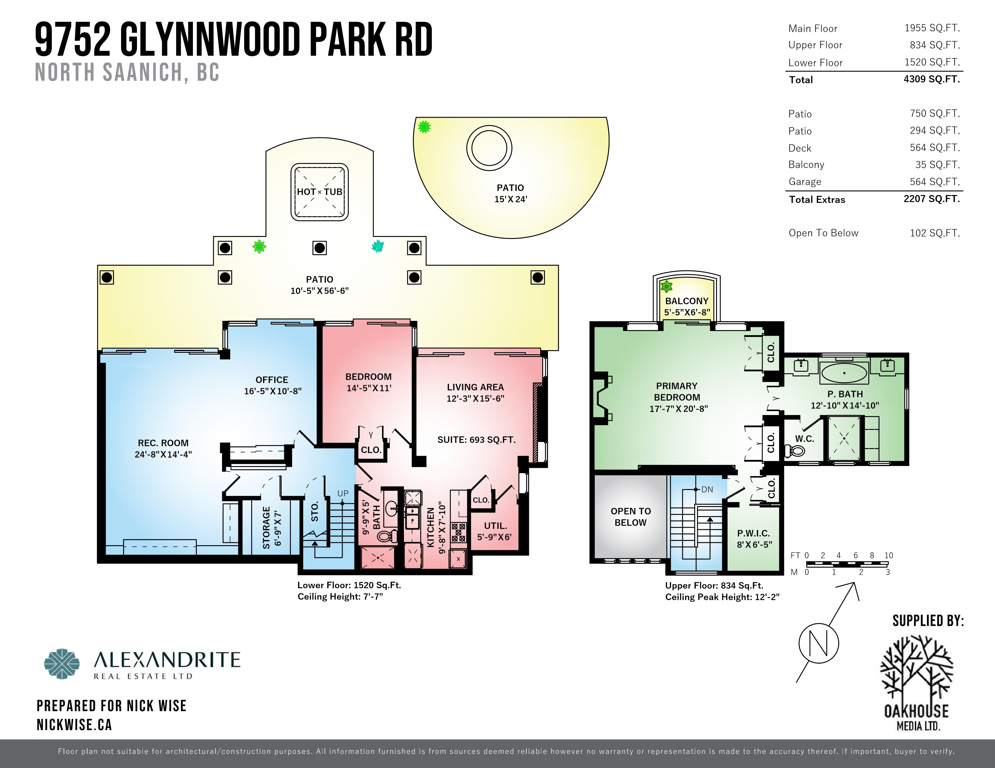Upper and lower floor plans — Primary bedroom suite with ensuite and balcony (upper); suite, rec room, office and storage (lower). Upper 834 sq ft, Lower 1,520 sq ft.
